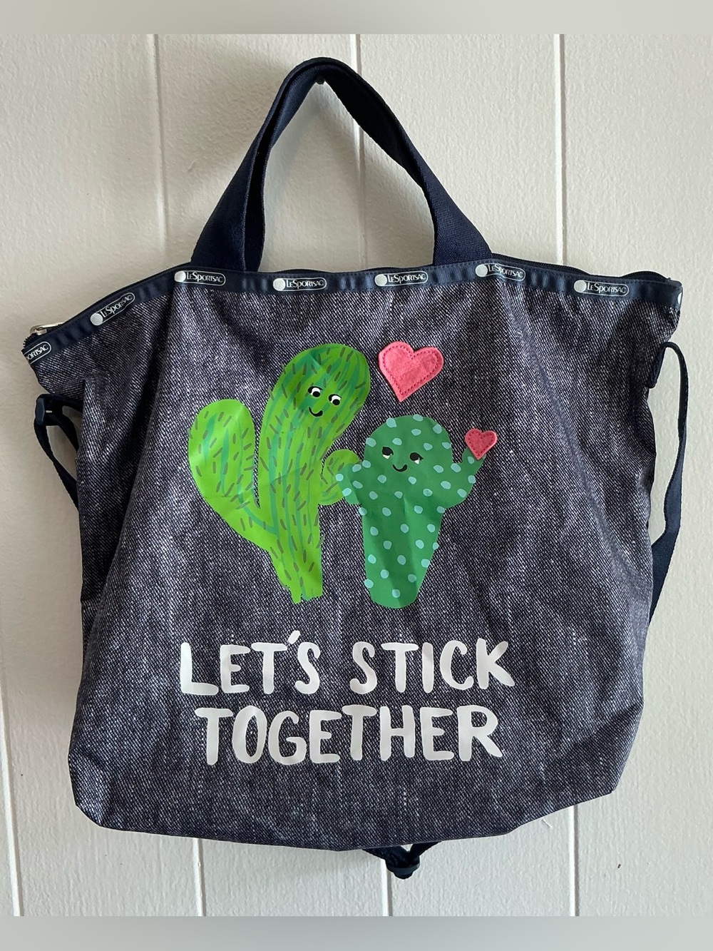 rare LeSportsac Let's Stick Together Cactus Denim look Print Shoulder Tote Bag